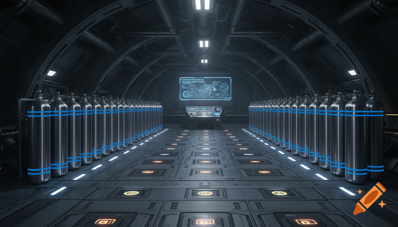 A long corridor inside a dark, futuristic spaceship lined with many shiny silver oxygen tanks, leading to a control panel and screen.