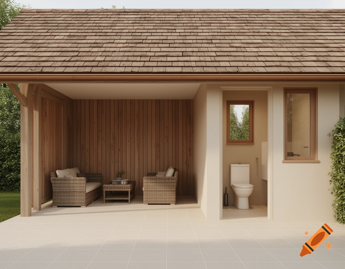 Photorealistic image of a modern veranda with wicker furniture and an adjacent small room with a toilet under a brown tiled roof.