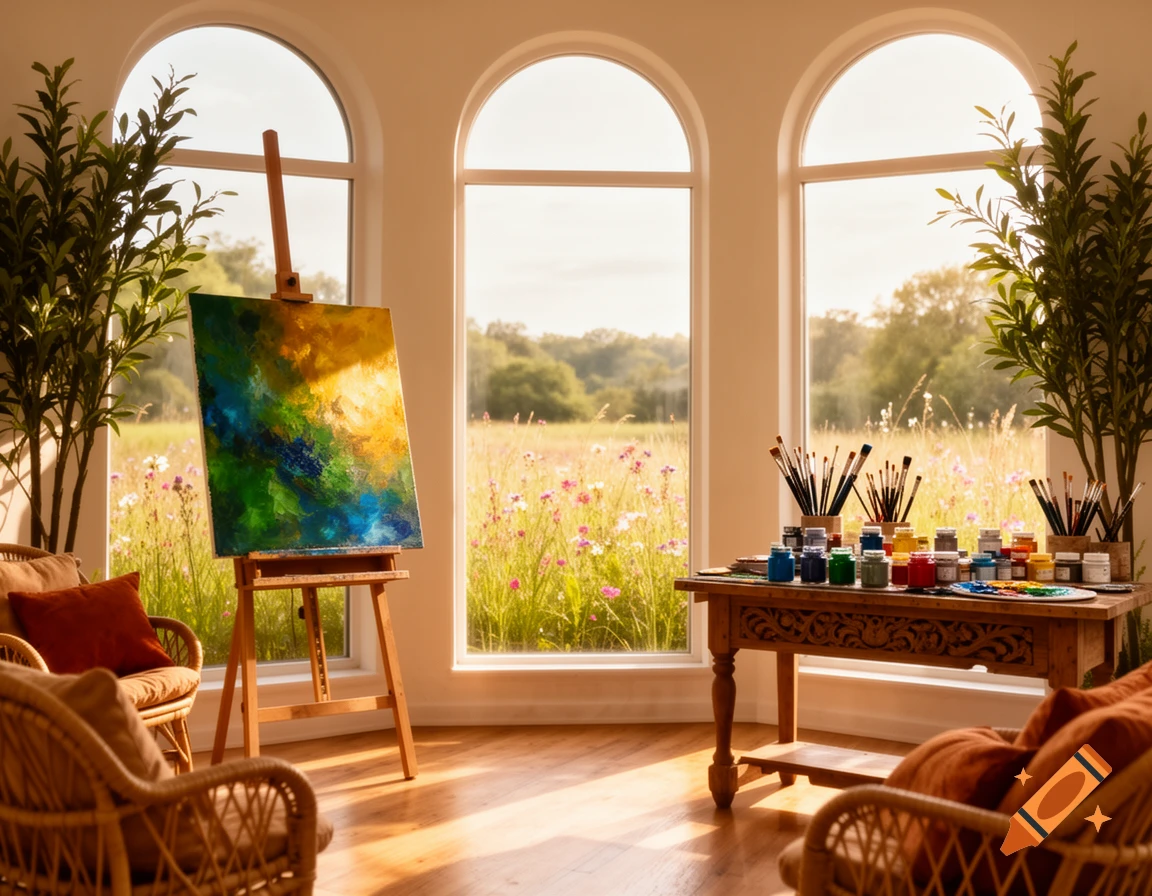 Sunlit art studio with an abstract painting on an easel, paint supplies, and wicker chairs, overlooking a wildflower meadow.