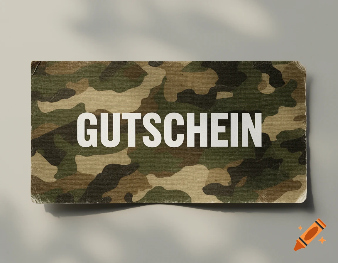 A rectangular voucher with a green and brown camouflage pattern, featuring the word 'GUTSCHEIN' in white capital letters.