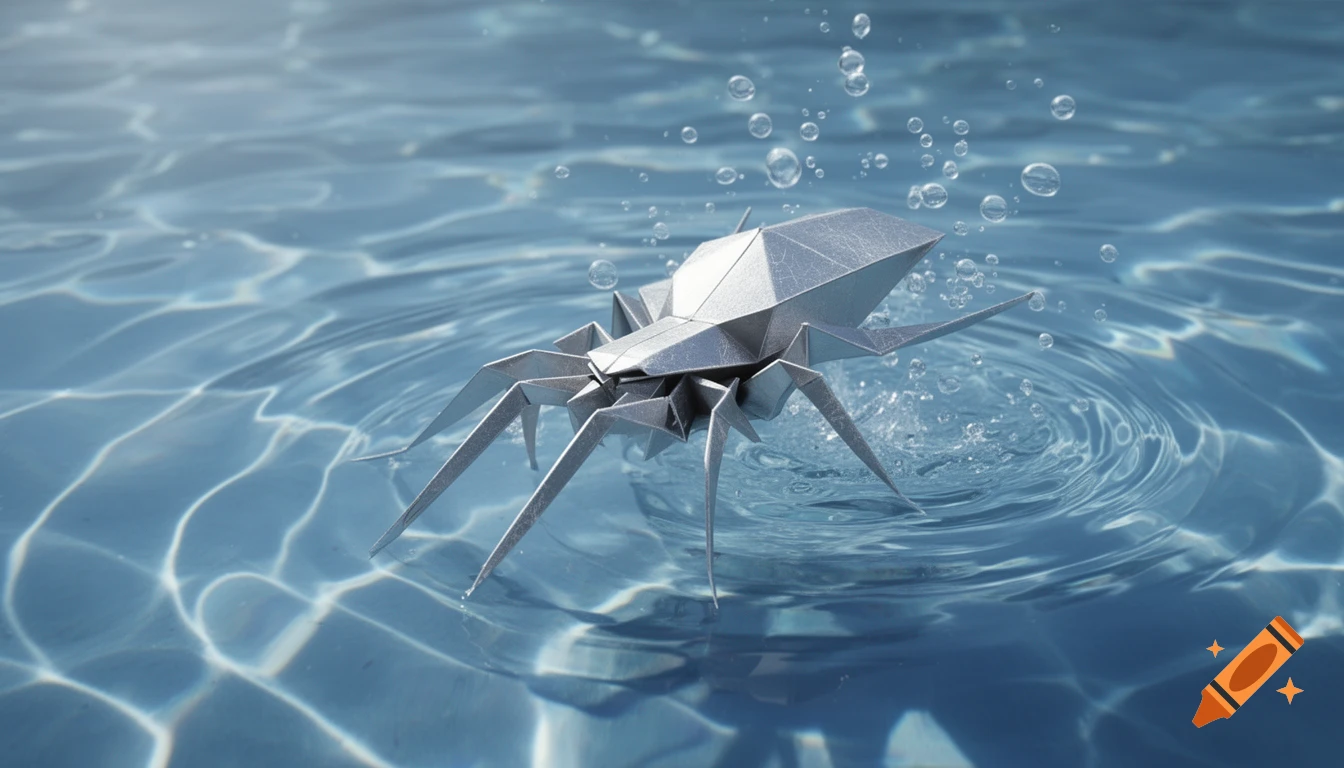 Origami-style metallic silver spider partially submerged in clear blue water, creating ripples and bubbles.