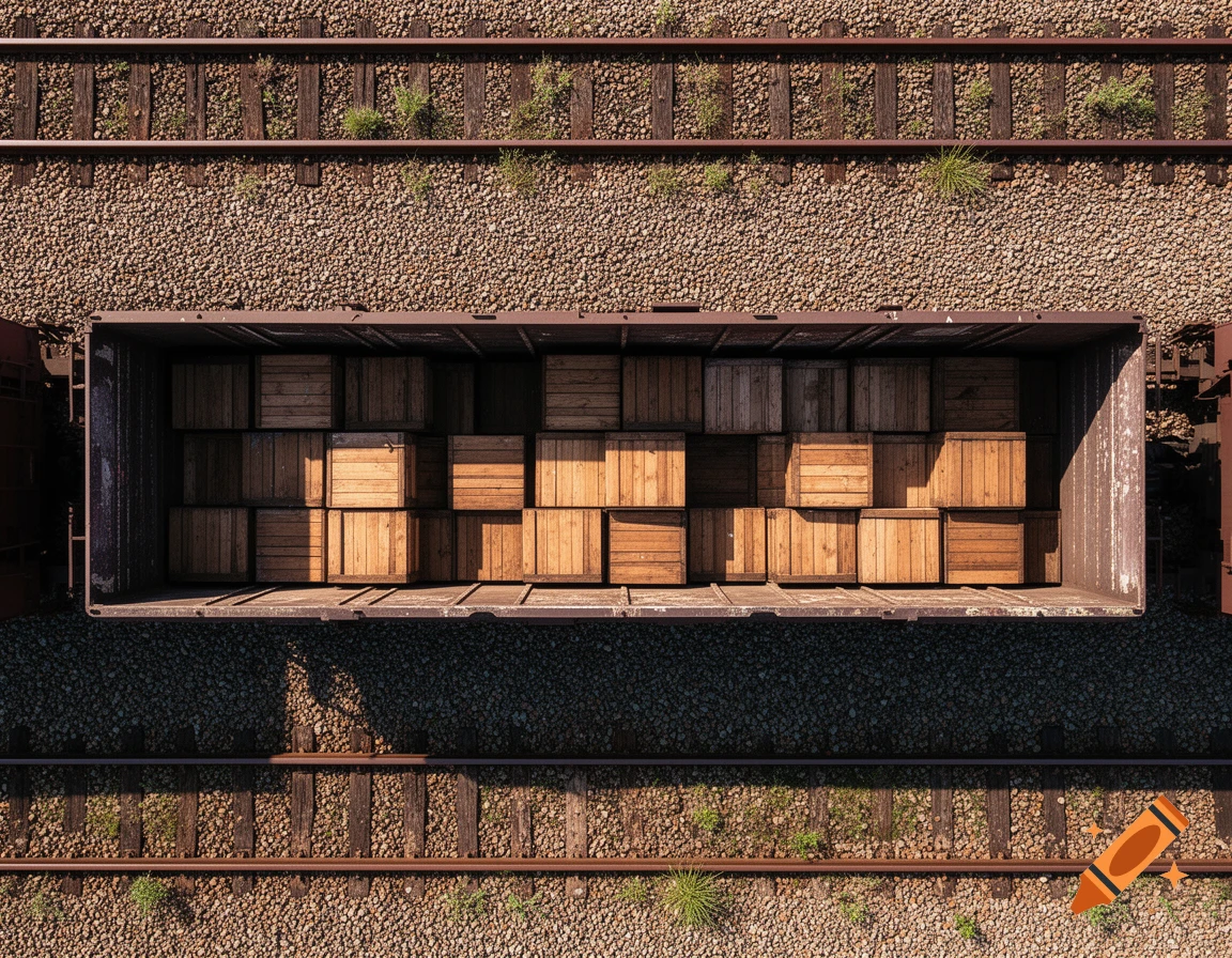 An aerial view of an open cargo train car filled with wooden crates, on train tracks with gravel.