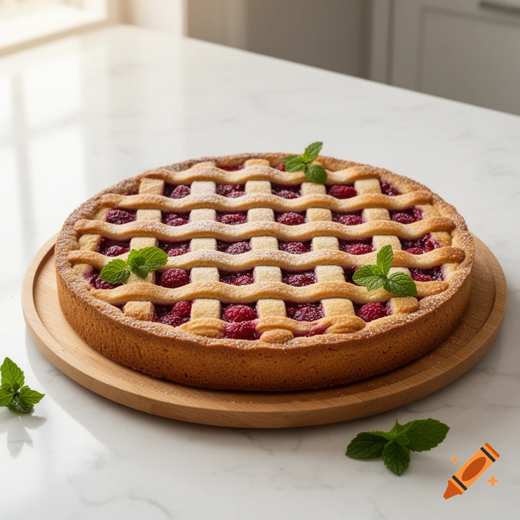A photorealistic raspberry Linzer torte with a lattice crust, powdered sugar, and mint, on a wooden board on a marble counter.