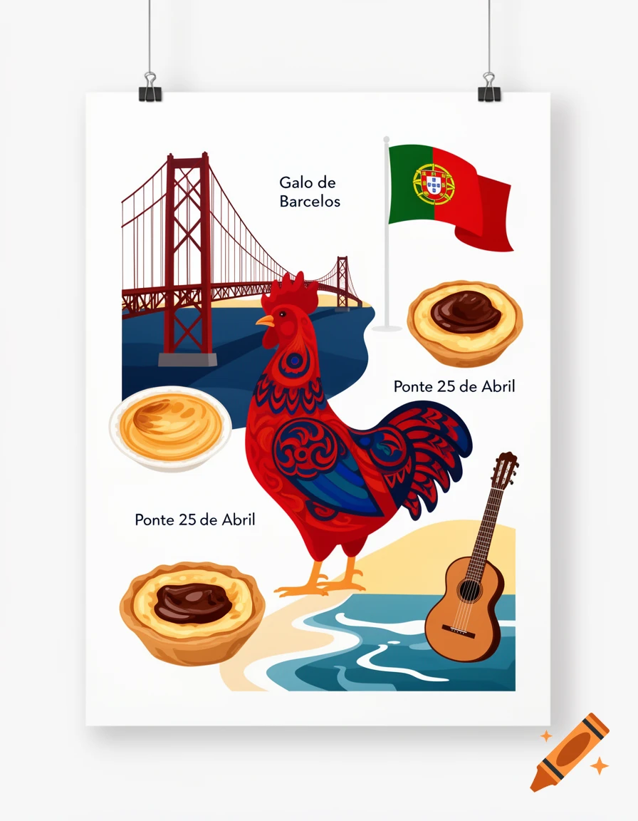 Colorful illustration poster of Portuguese icons including Galo de Barcelos, 25 de Abril Bridge, flag, pastries, and a guitar by a beach.