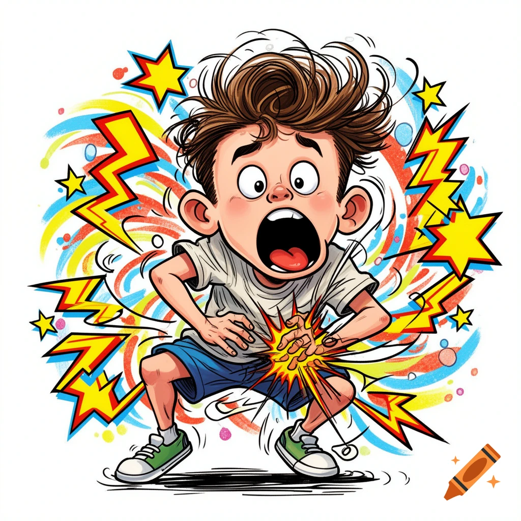 A cartoon boy with messy brown hair and wide eyes clutches his crotch in pain, surrounded by colorful comic-style stars and lightning bolts.