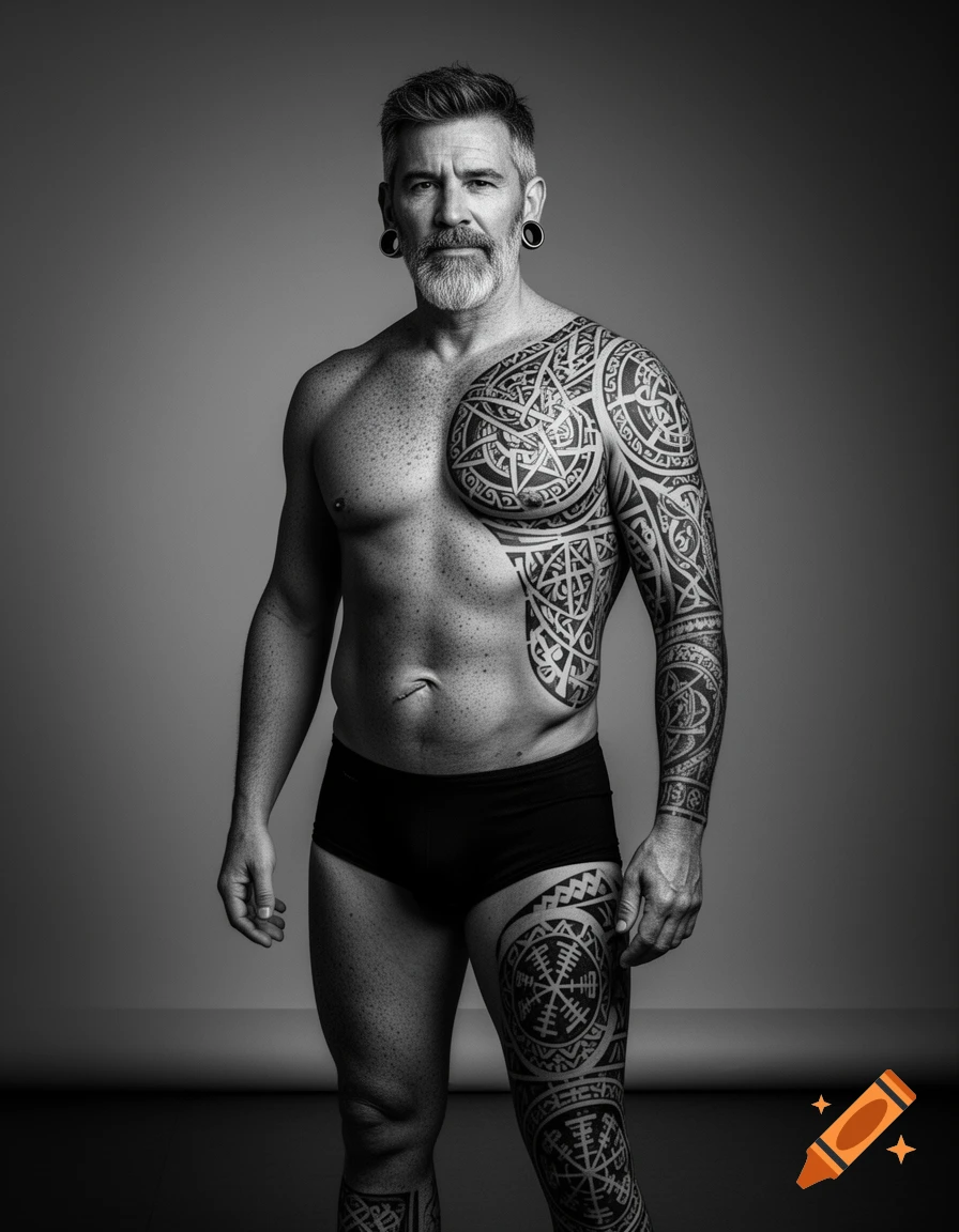 Black and white fine art portrait of a bearded man with extensive body tattoos, standing in briefs.