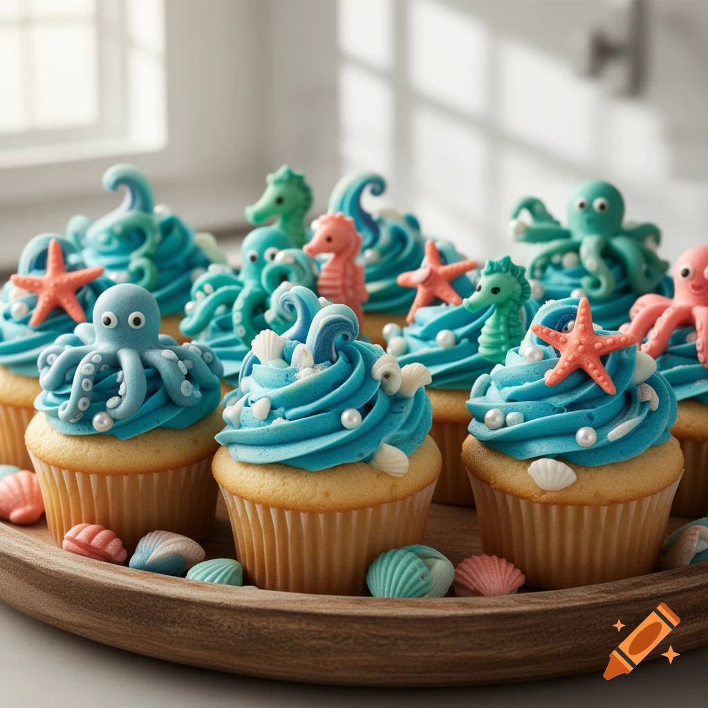 Cupcakes with blue frosting, decorated with edible octopuses, seahorses, starfish, and shells, displayed on a wooden tray.