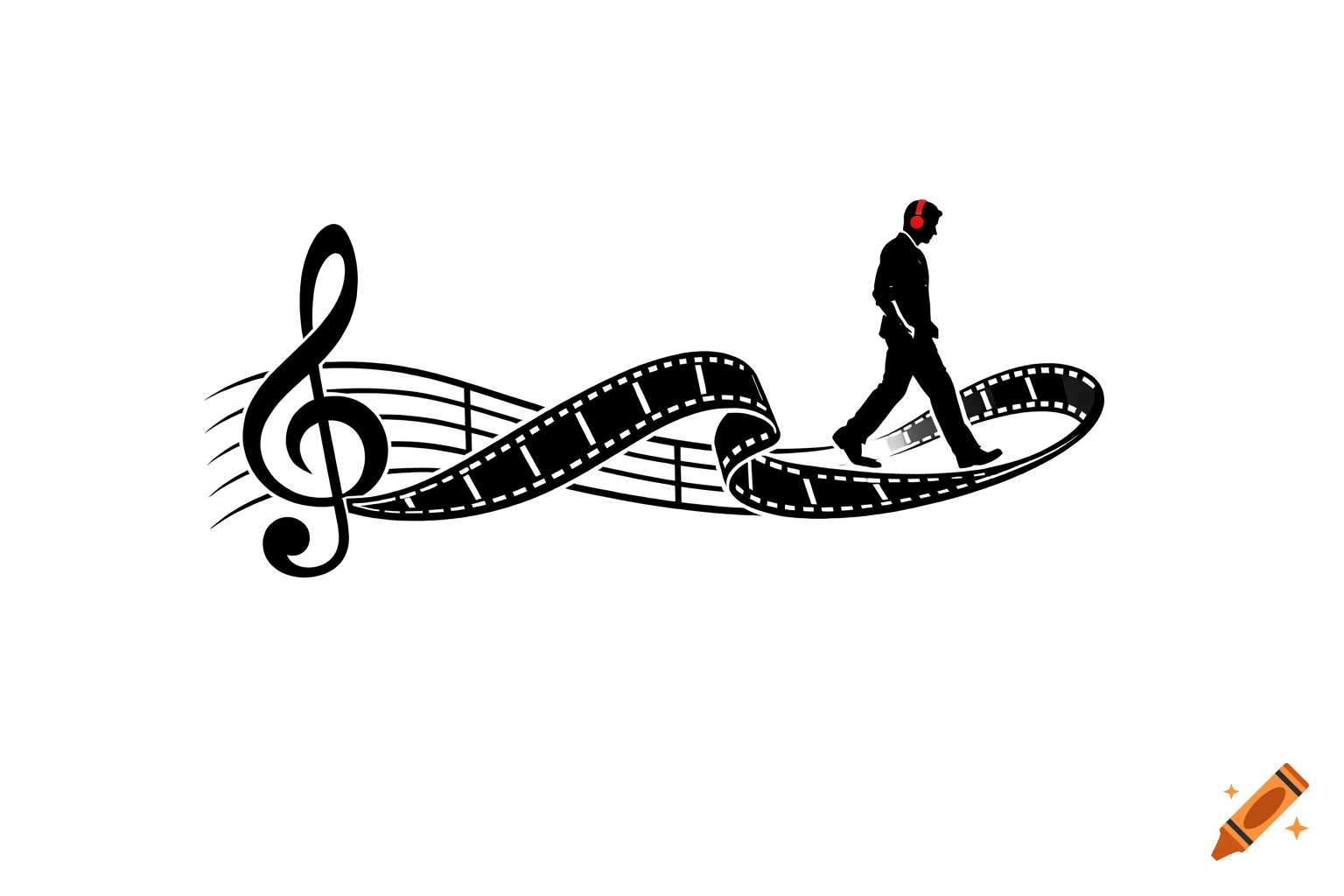A black and white logo with a treble clef flowing into a film reel, on which a silhouetted man with red headphones walks.