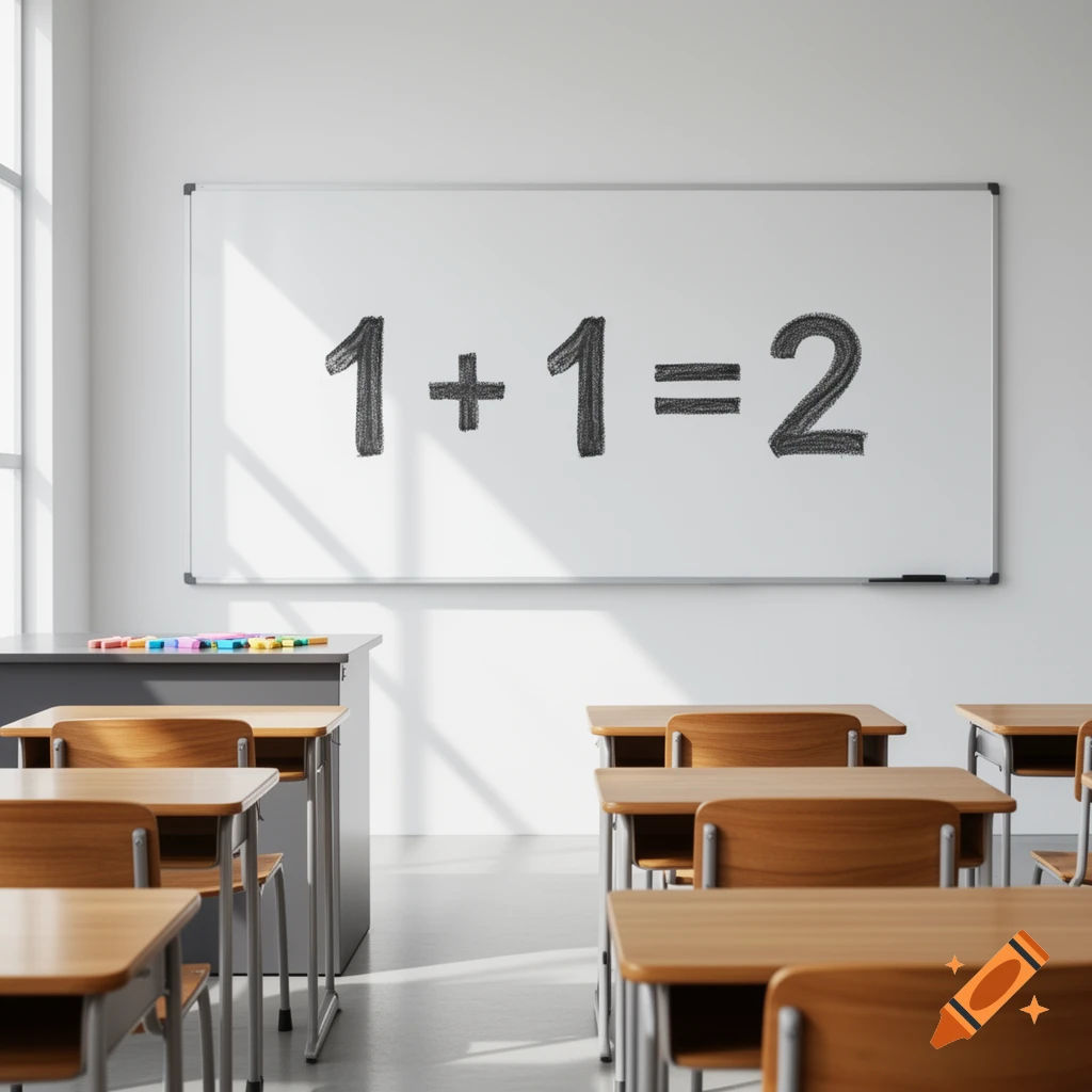 A clean classroom with wooden desks and chairs, facing a whiteboard displaying the equation '1+1=2'.