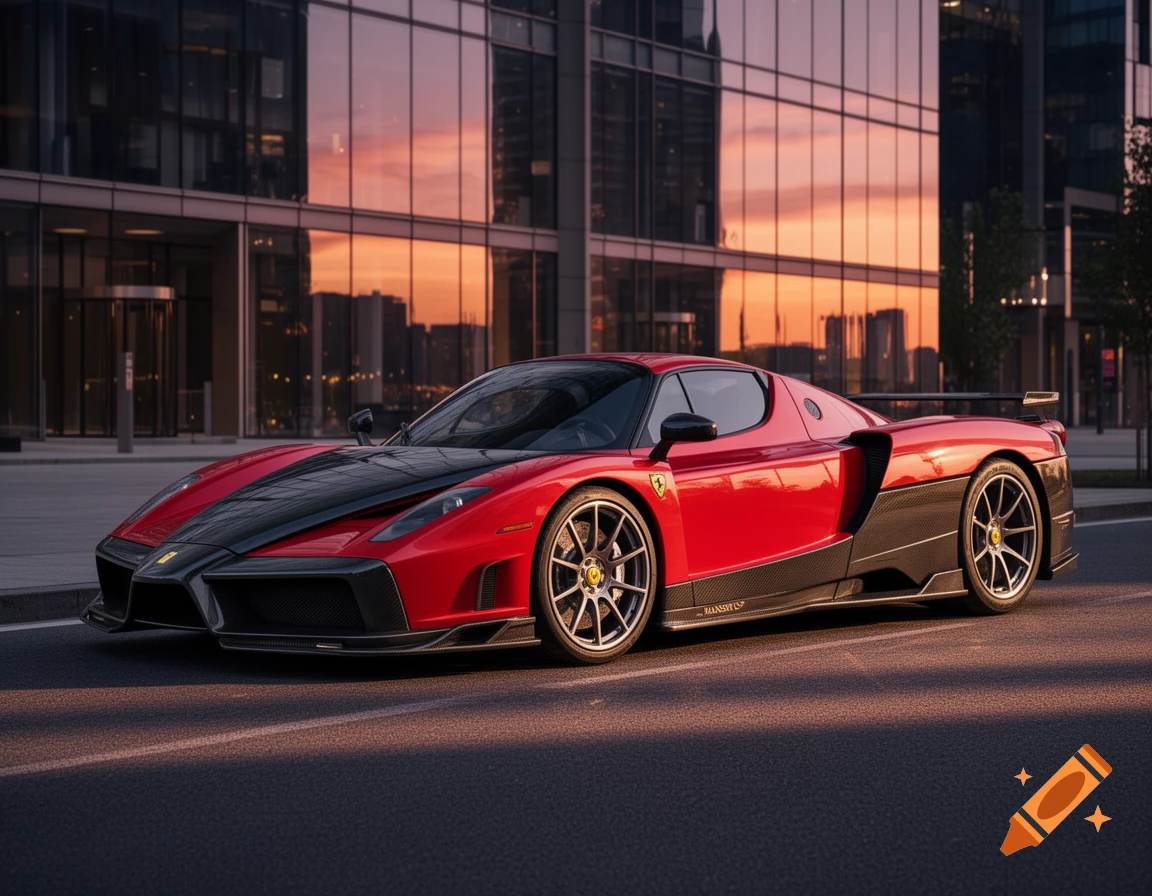 A red and black Ferrari Enzo with a Mansory tuning kit is parked on a city street at sunset, with glass buildings reflecting the sky.