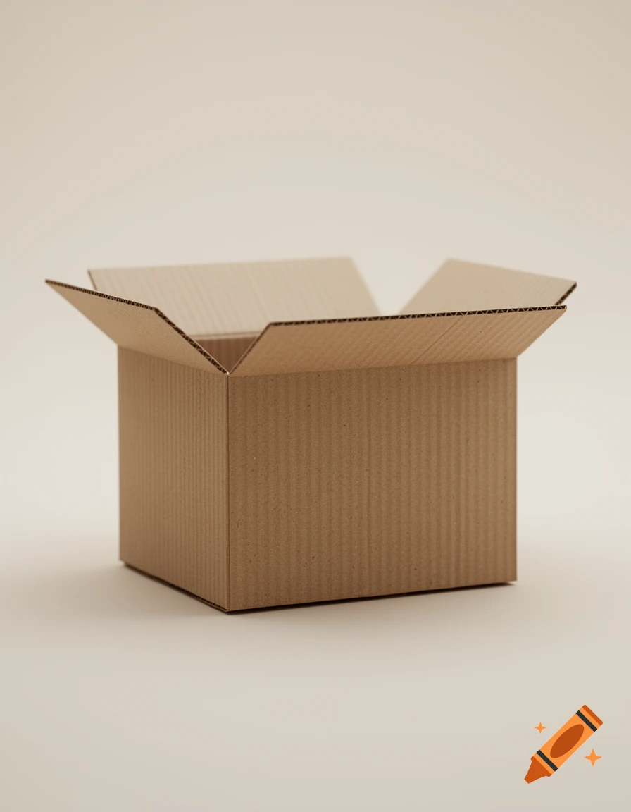 An open, empty brown cardboard box on a light background.
