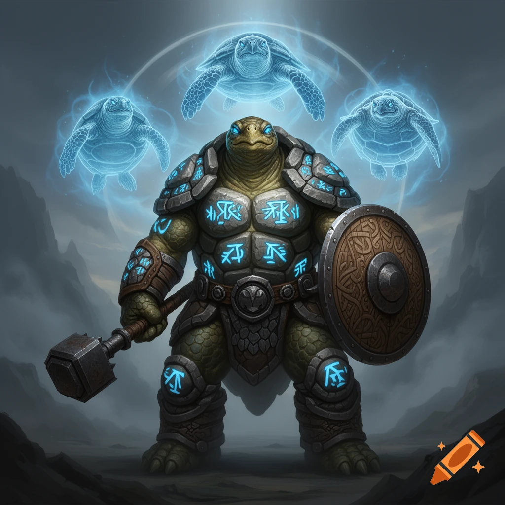 Turtle Servant Ringer Muscular anthropomorphic turtle barbarian in rune-engraved stone armor ...