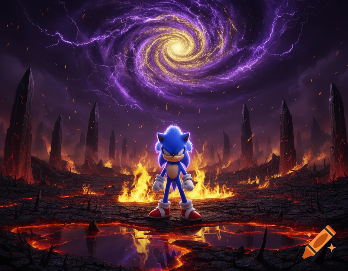 A blue Sonic the Hedgehog stands in a fiery, lava-filled hellscape under a purple and yellow spiraling vortex and lightning.