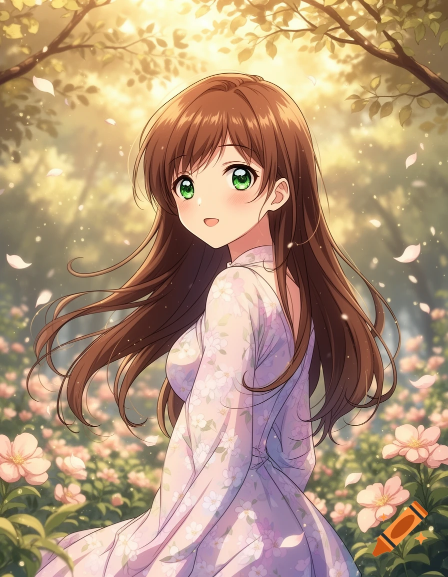 An anime girl with long brown hair and green eyes in a floral dress ...