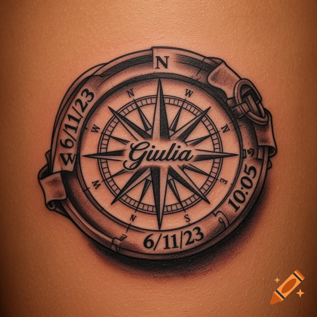 Realistic tattoo of a compass rose with the name "Giulia" and dates "6/11/23" and "10:05" on brown skin.