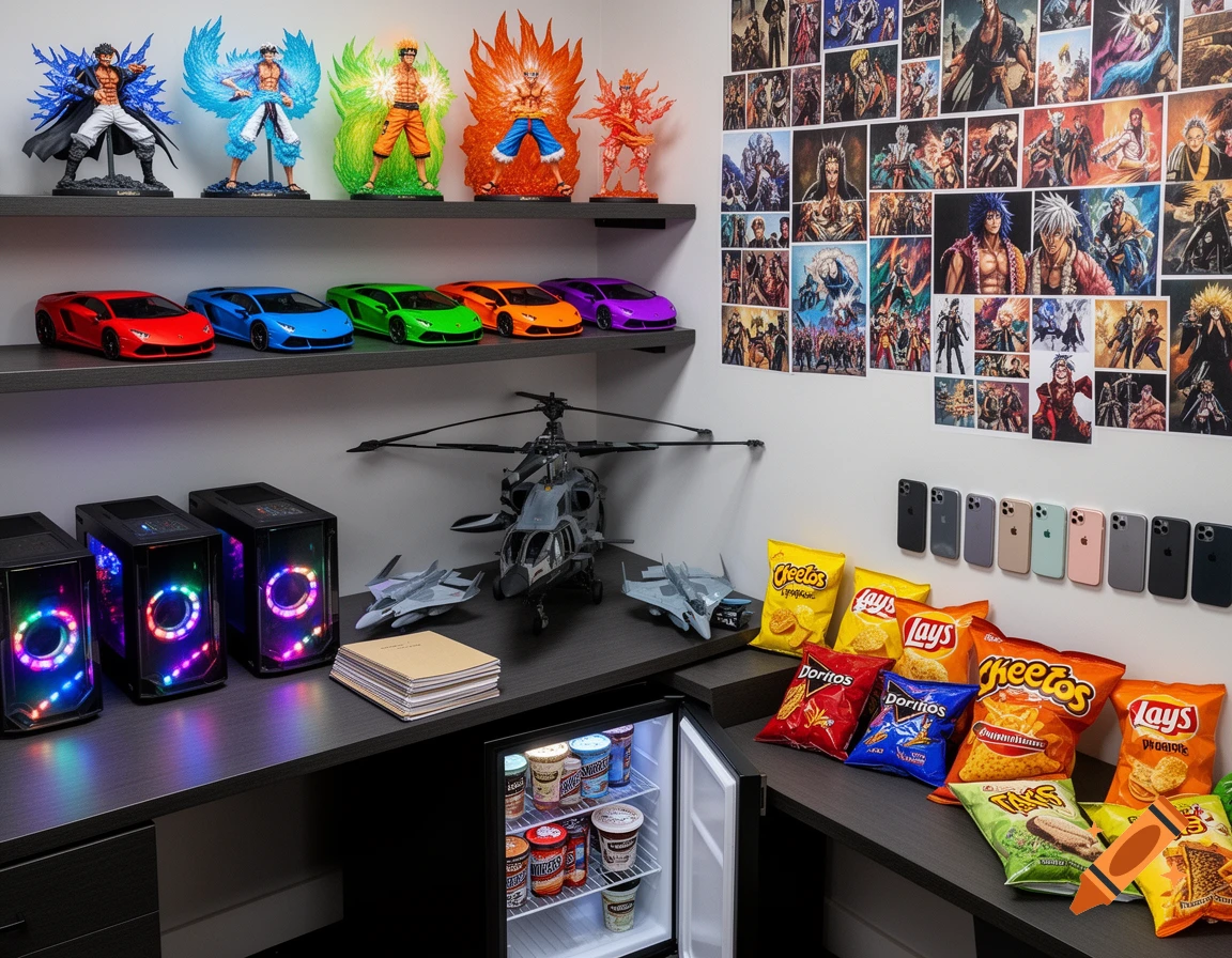 A room full of collectibles including anime figures, colorful toy sports cars, gaming PCs, a toy helicopter, and jet planes. A mini-fridge is stocked with snacks, and a wall is covered in anime posters, with a row of iPhones below.