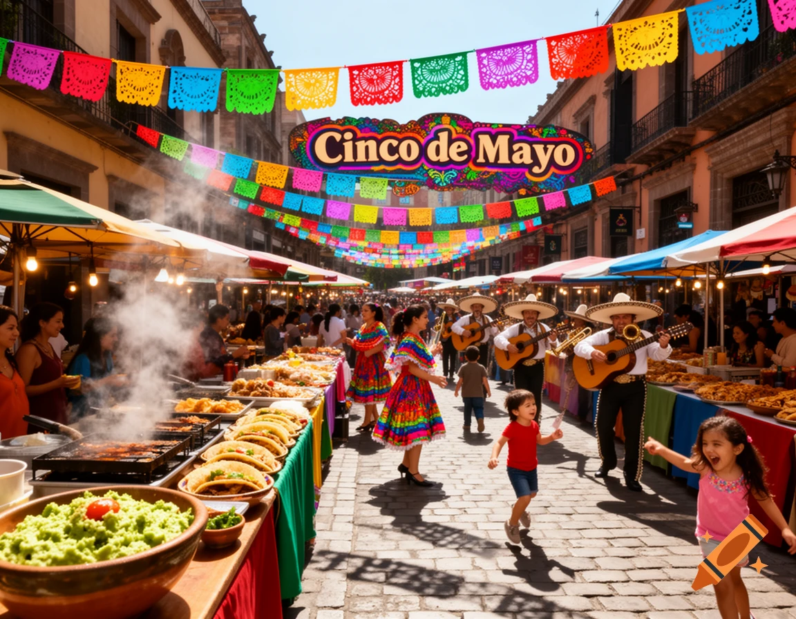 A vibrant street market bustling with people, food stalls, mariachi musicians, and children dancing under colorful 'Cinco de Mayo' banners.