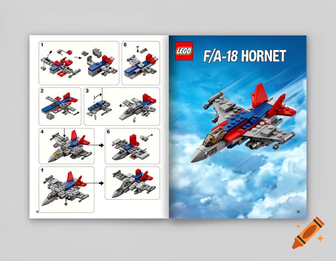 An open LEGO instruction manual for building an F/A-18 Hornet jet, with building steps on the left and the finished jet flying on the right cover.