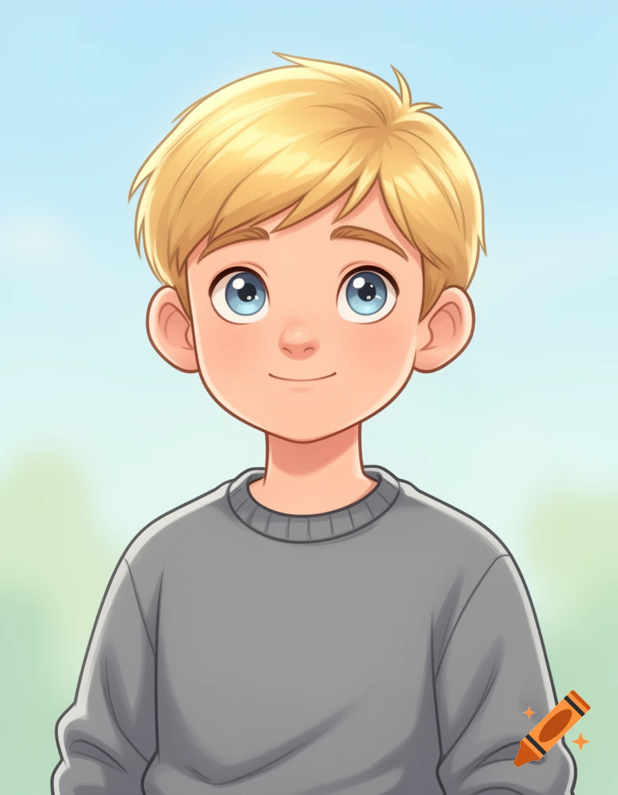 A cartoon portrait of a pale boy with short blond hair, blue eyes, and a gray sweatshirt, against a soft outdoor background.