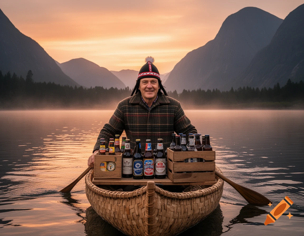 A man in a canoe filled with beer bottles and crates paddles on a misty lake at sunset, surrounded by mountains.
