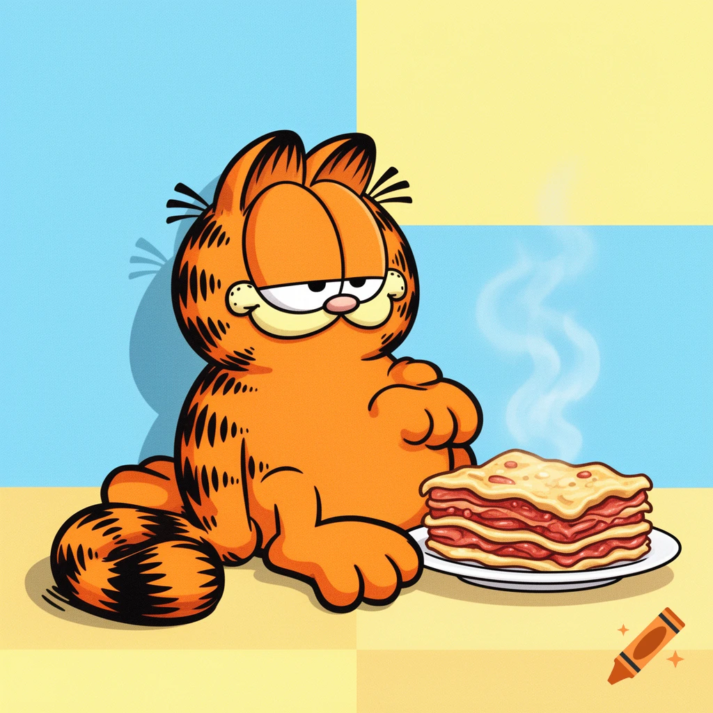 Orange cartoon cat Garfield sits, gazing at a steaming plate of lasagna on a blue and yellow background.