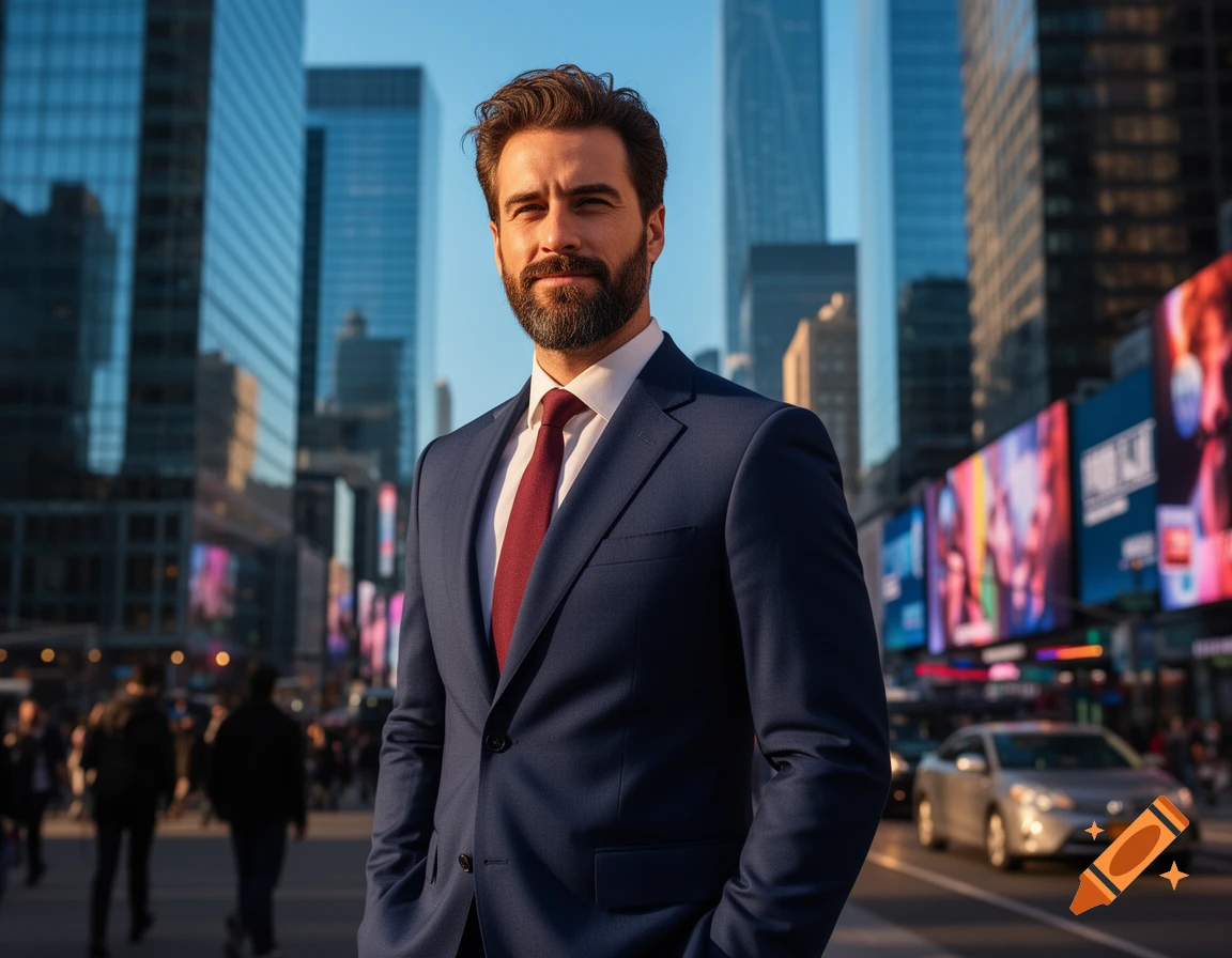 A well-groomed man in a navy suit and red tie stands confidently on a bustling city street with modern skyscrapers and vibrant billboards.