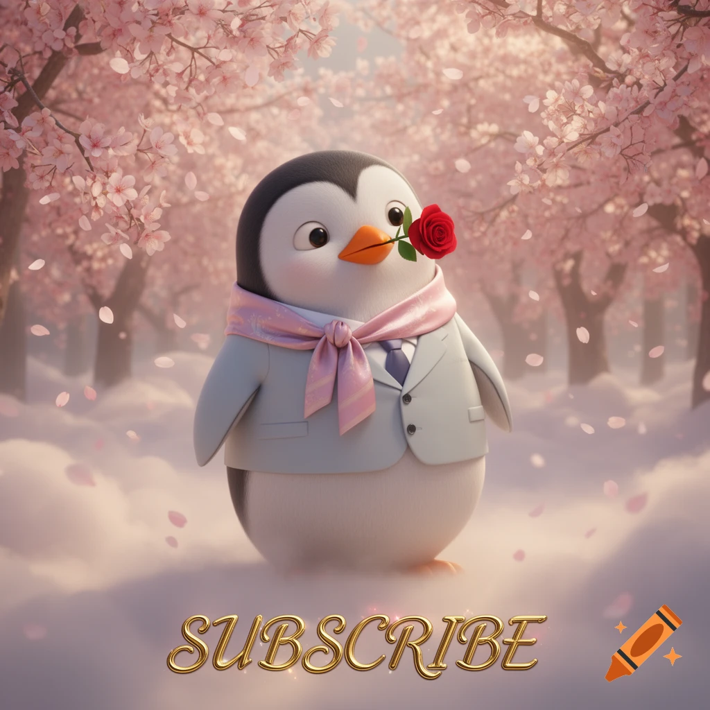 A cute 3D penguin in a suit and pink scarf holds a red rose in its beak, standing in a dreamy cherry blossom forest. Text 'SUBSCRIBE' at bottom.