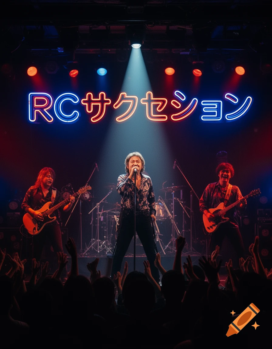 A band performs on stage under spotlights, with a neon sign reading 'RCサクセション' and a cheering crowd.
