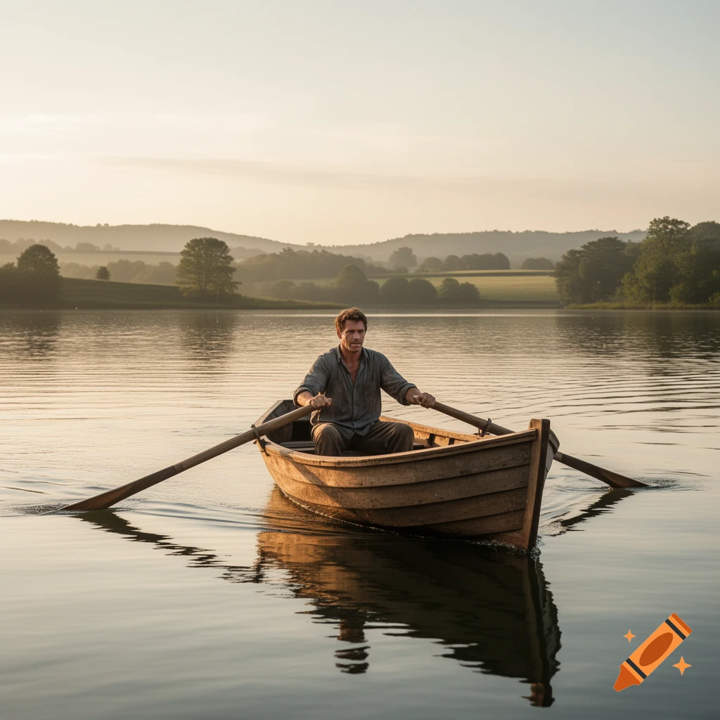 A man rows a wooden boat on a calm lake at sunrise, with rolling hills in the background, photorealistic.