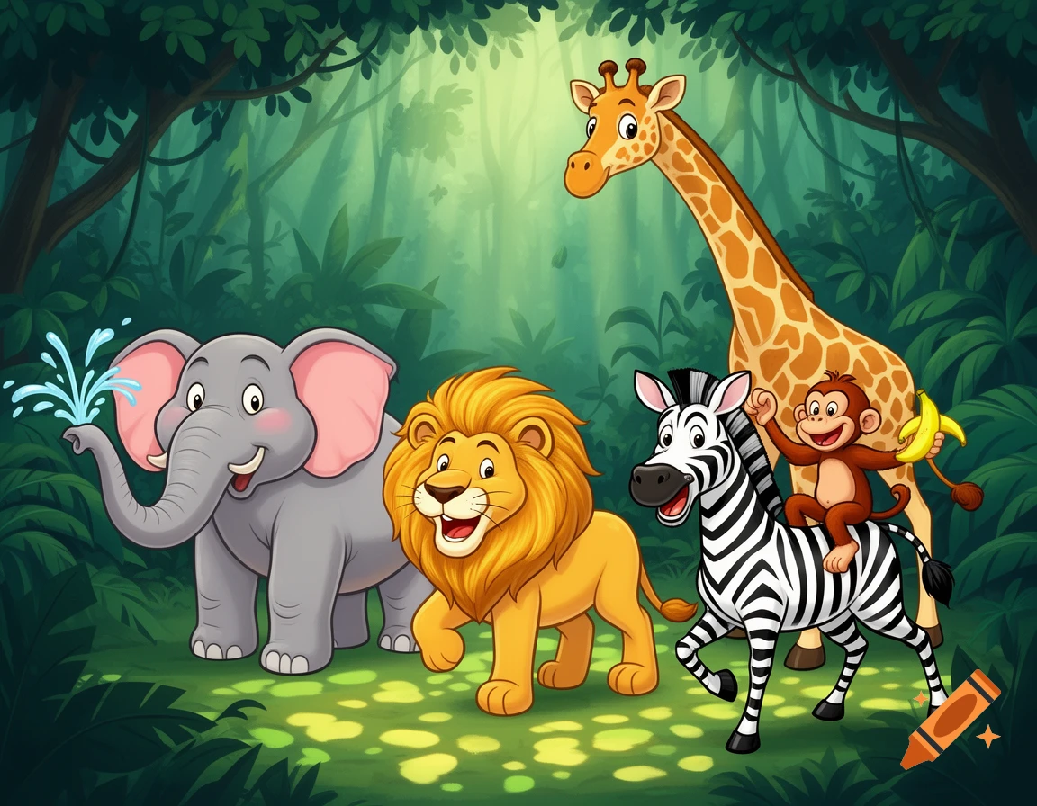 Cartoon elephant spraying water, lion, zebra with a monkey riding its back holding a banana, and a giraffe in a jungle.