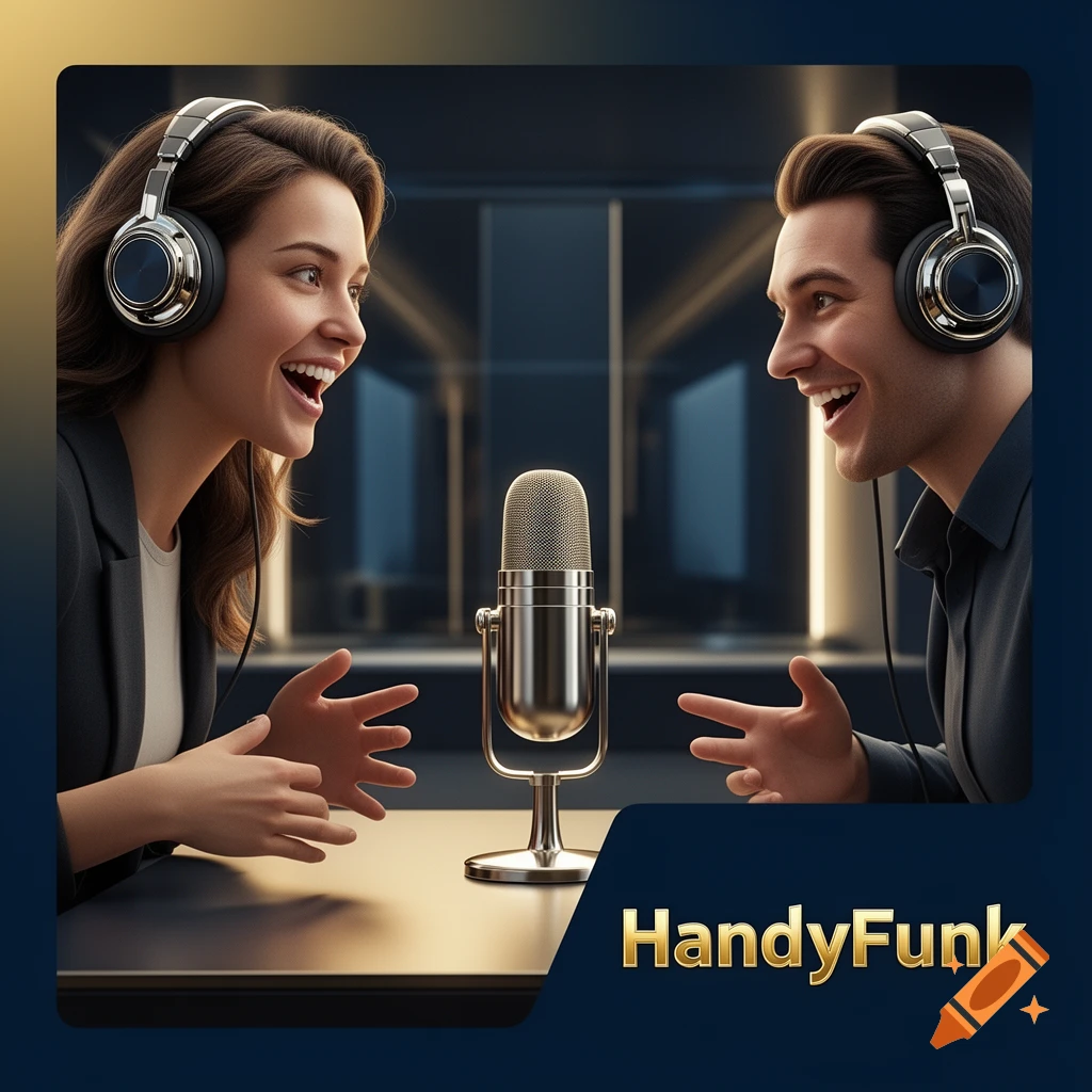 Two smiling podcasters in headphones speak into a silver microphone on a table, with the 'HandyFunk' logo. Photorealistic.