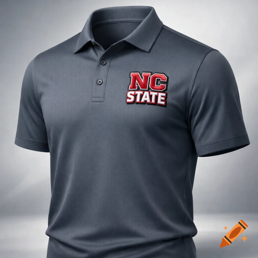 A grey golf shirt with a red and white 'NC STATE' logo on the left chest, against a grey background.
