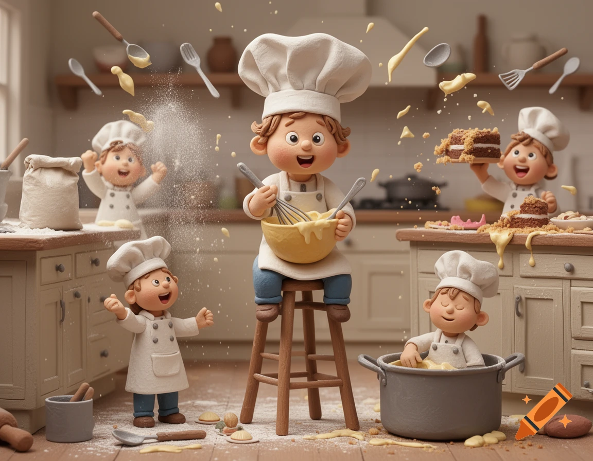 Whimsical claymation scene of toddler chefs making a mess in a kitchen, with flour flying, cake crumbs, and a child sitting in a pot.