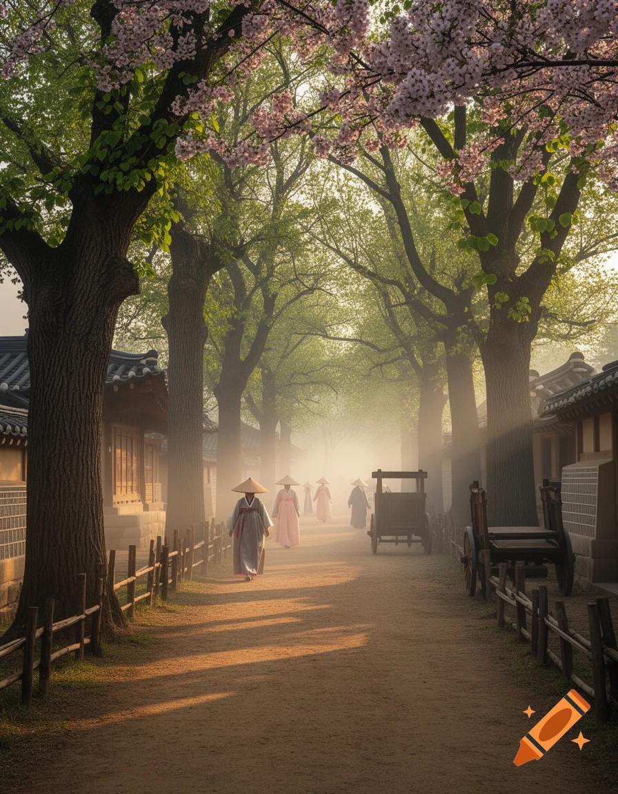 Photorealistic early morning street with people in traditional Korean hanbok on a dirt road, traditional buildings, cherry trees, and mist.