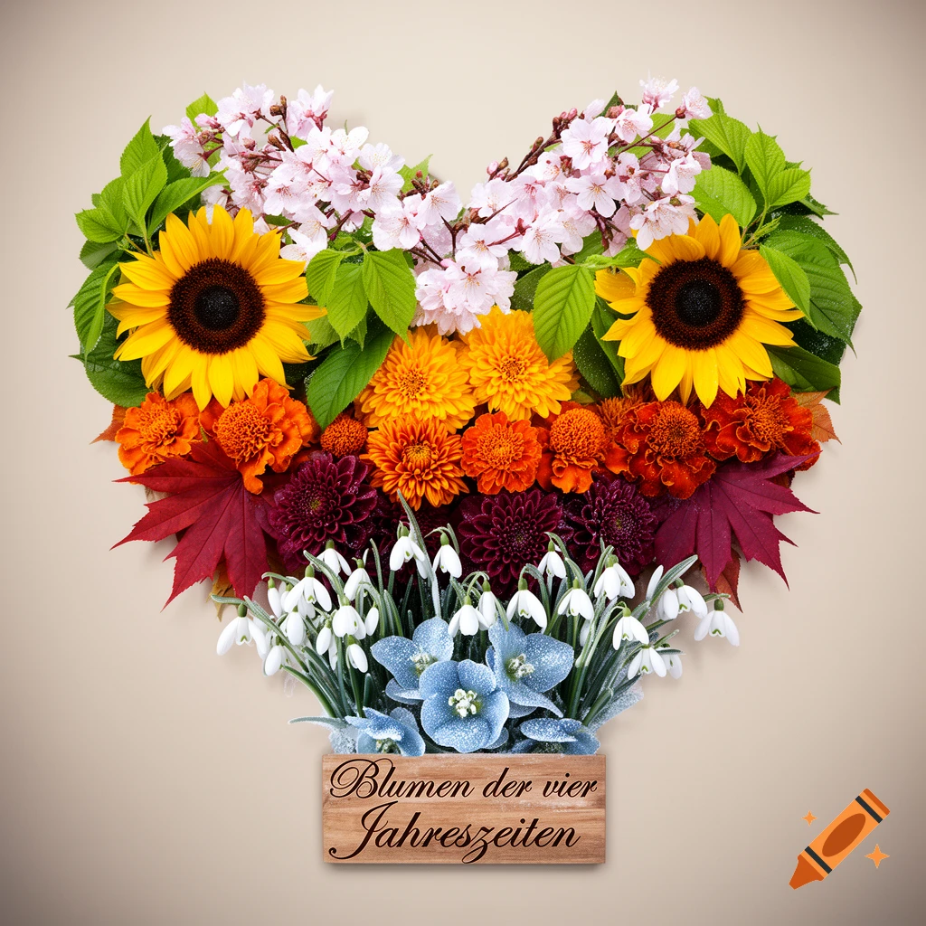 A photorealistic heart-shaped floral arrangement features a variety of colorful flowers and leaves, with a wooden sign at the bottom reading "Blumen der vier Jahreszeiten" (Flowers of the four seasons).