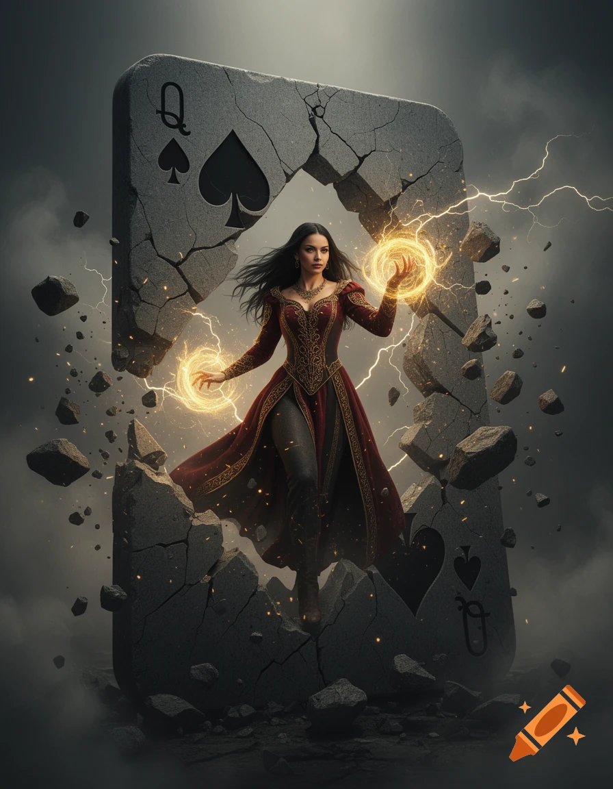 A sorceress in a red and gold gown emerges from a shattered stone Queen of Spades card, casting golden magic amidst lightning and debris.