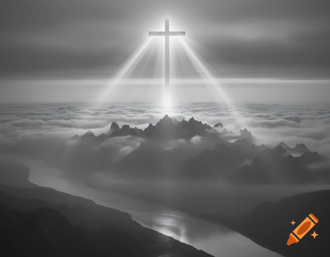A dramatic grayscale image of a glowing cross with light beaming over misty mountains, clouds, and a river.