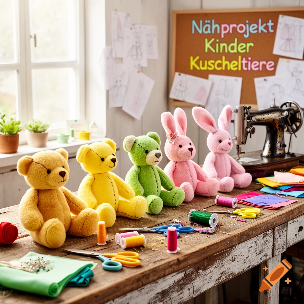 A row of colorful stuffed animals, including bears and bunnies, sit on a rustic wooden table with sewing supplies and an antique sewing machine, lit by a window.