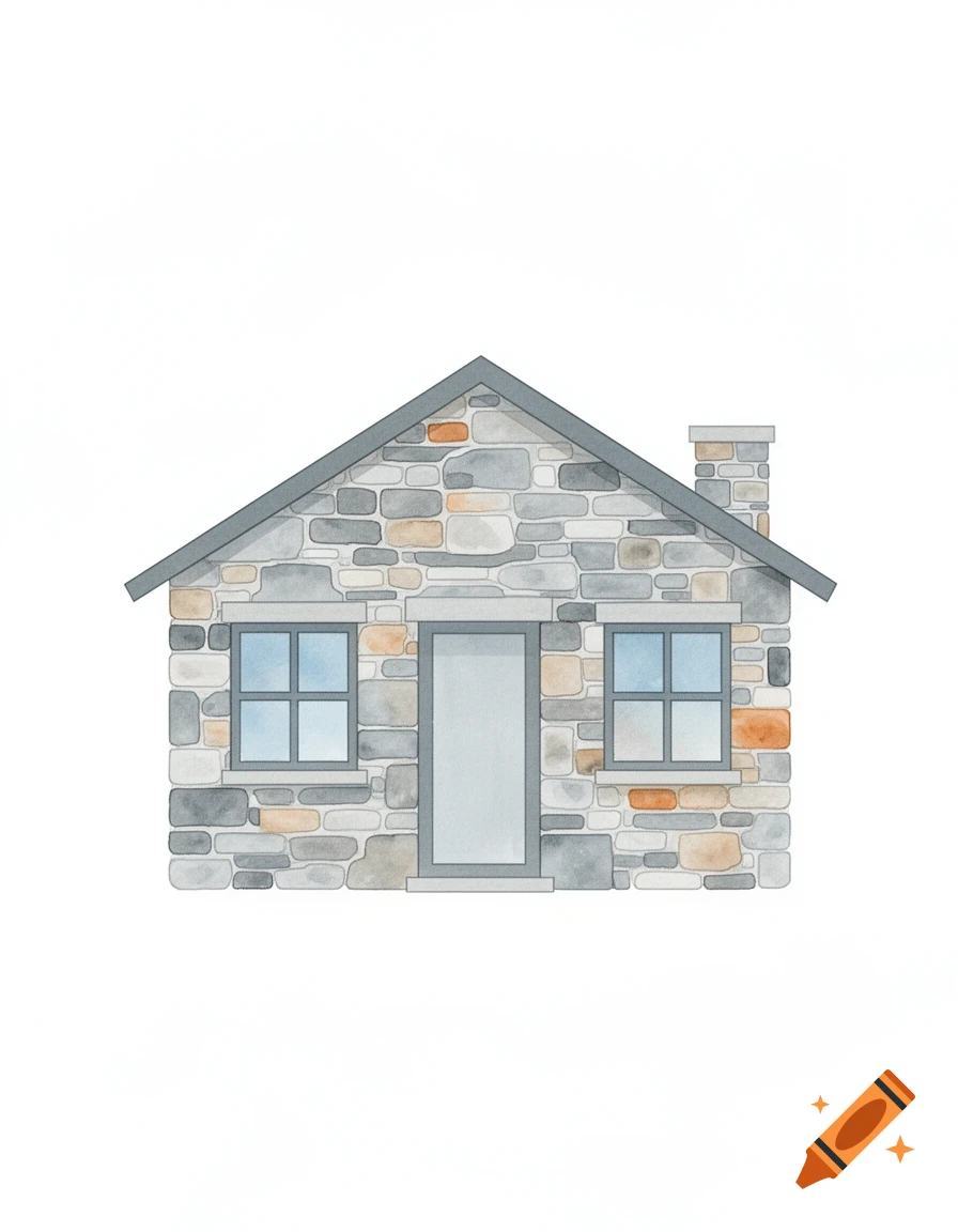 Minimalist watercolor illustration of a stone house with a gray roof, door, and two windows on a white background.