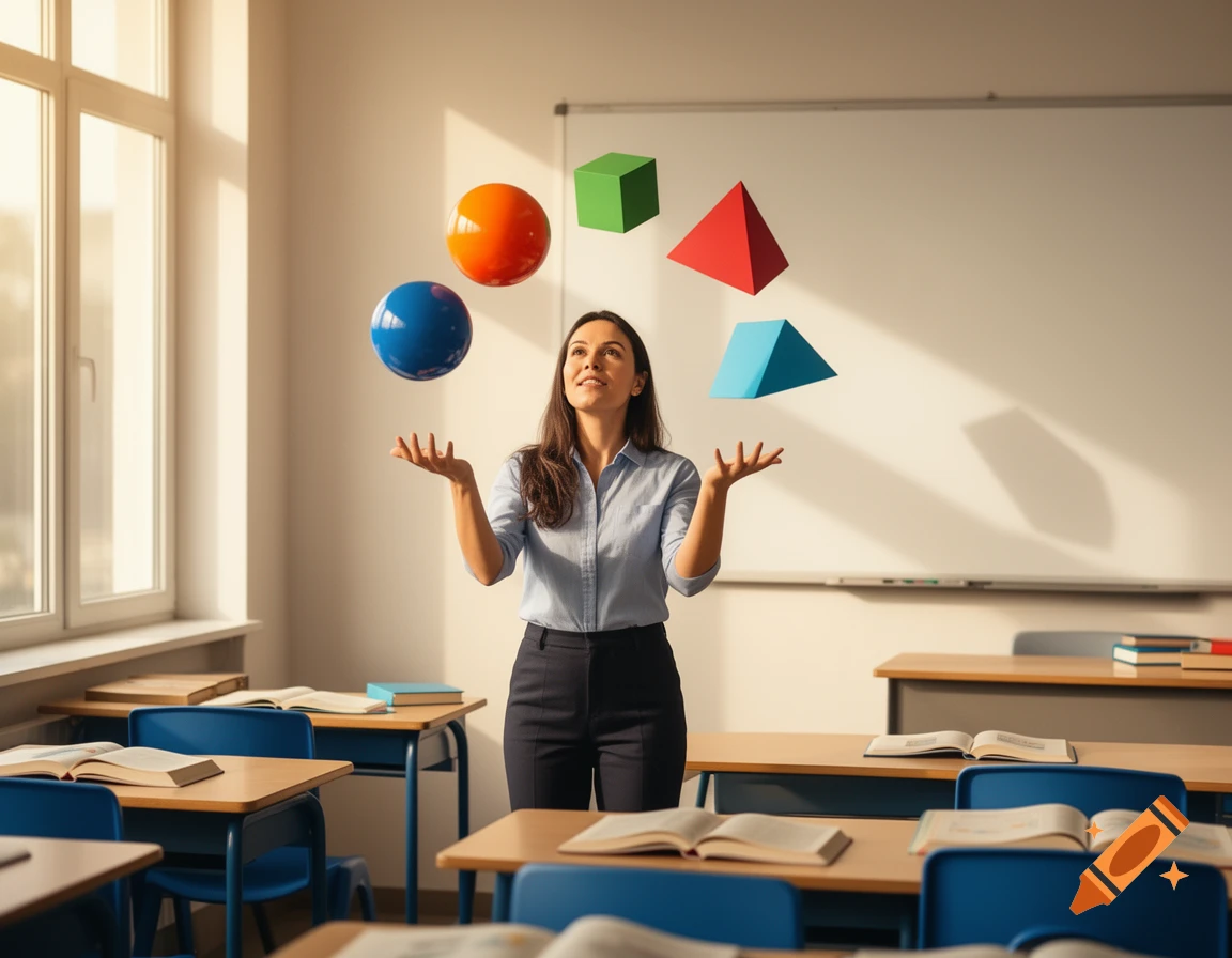 A female teacher in a classroom juggles an orange sphere, blue sphere, green cube, red pyramid, and blue prism.