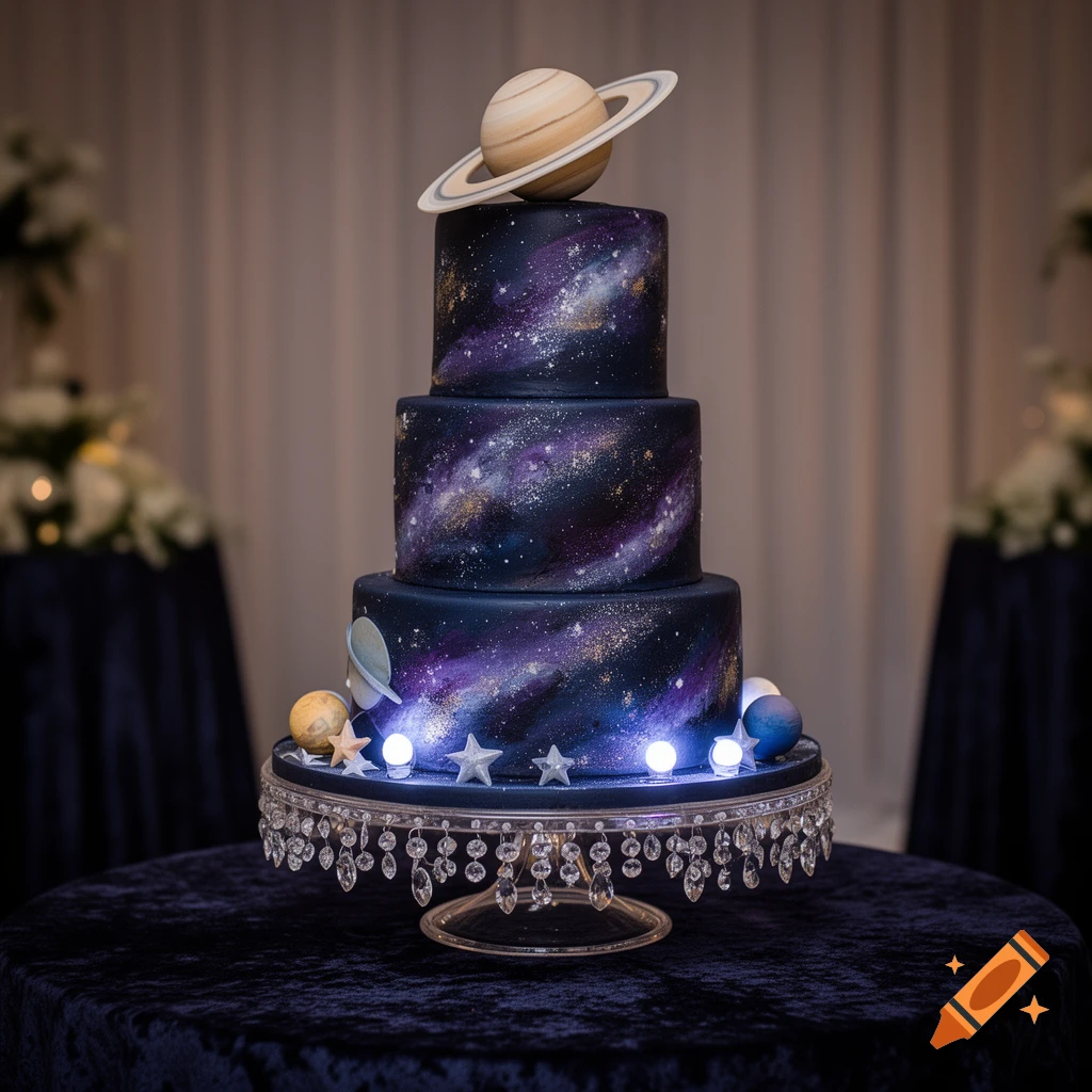 A three-tiered galaxy-themed wedding cake with planets, stars, and small lights on a crystal stand.