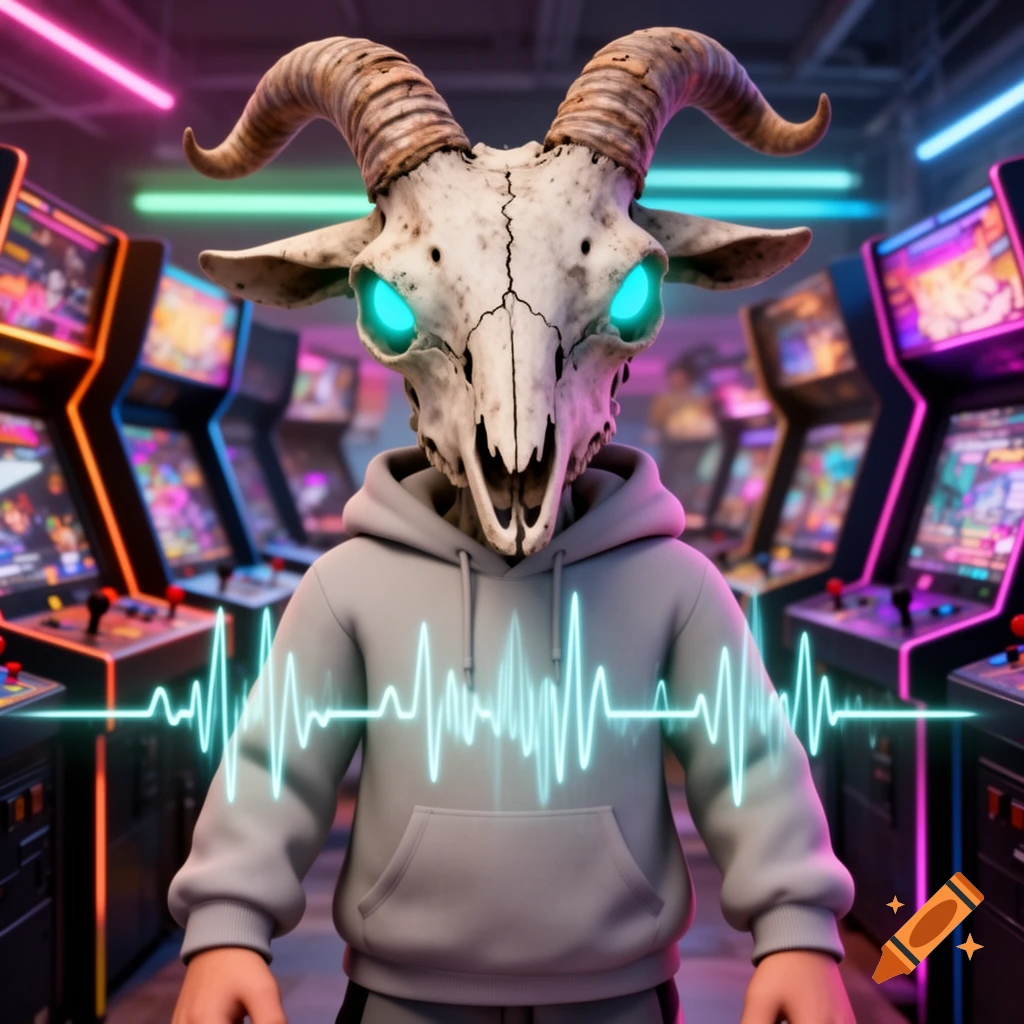 A person wearing a detailed goat skull mask with glowing blue eyes and a gray hoodie stands in a neon-lit arcade, with a light blue heartbeat line across their chest.