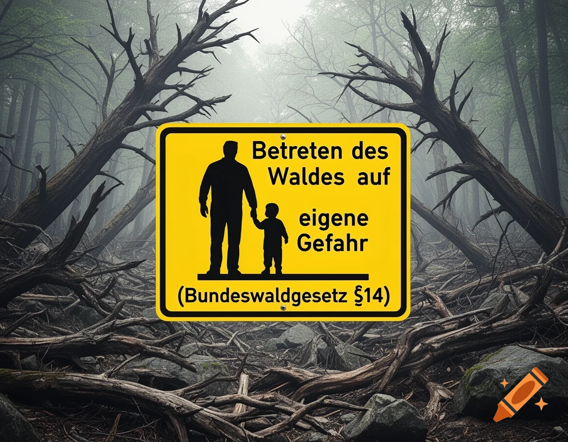 A yellow warning sign in a dark, misty forest. The sign shows an adult and child silhouette and reads, 'Betreten des Waldes auf eigene Gefahr (Bundeswaldgesetz 14)'.