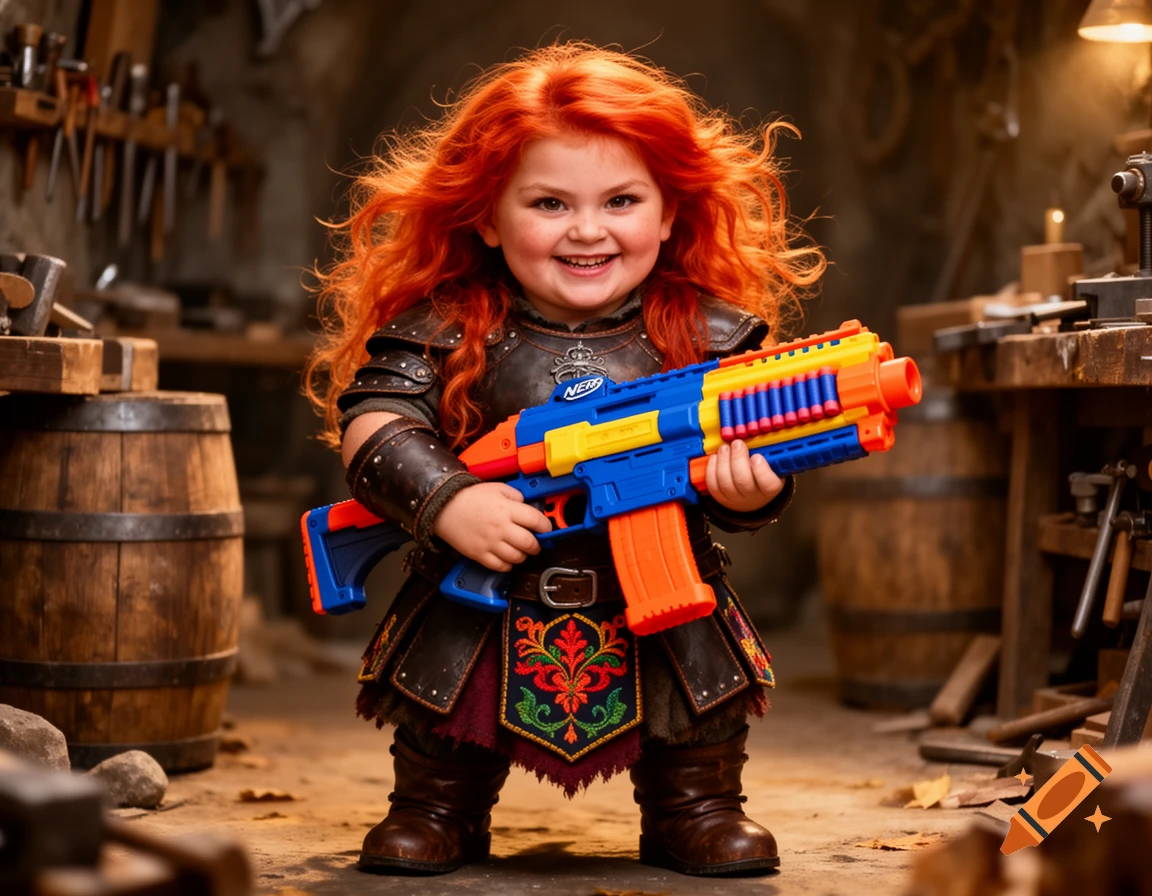 A happy, red-haired child dressed as a dwarf warrior holds a colorful Nerf gun in a rustic workshop.