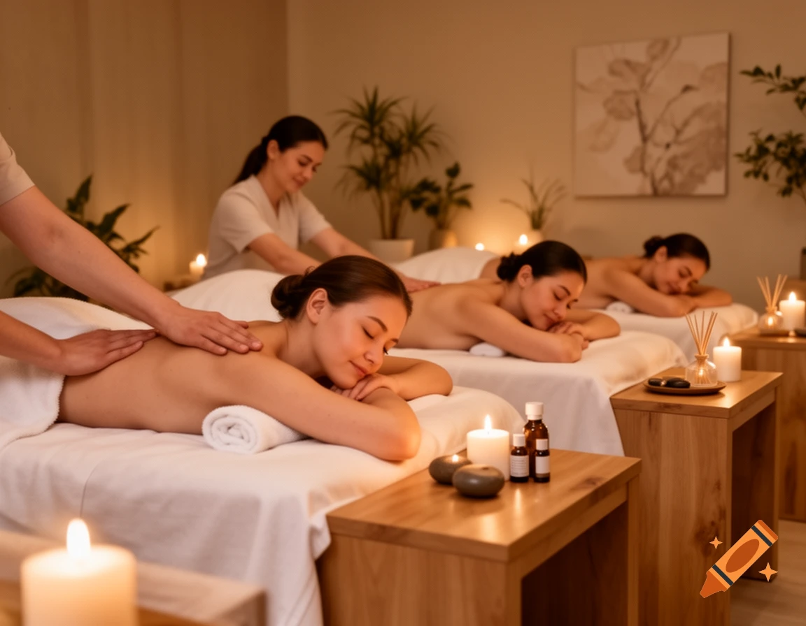 Three young women lie face down on massage tables, receiving back massages in a warm, candlelit spa room.