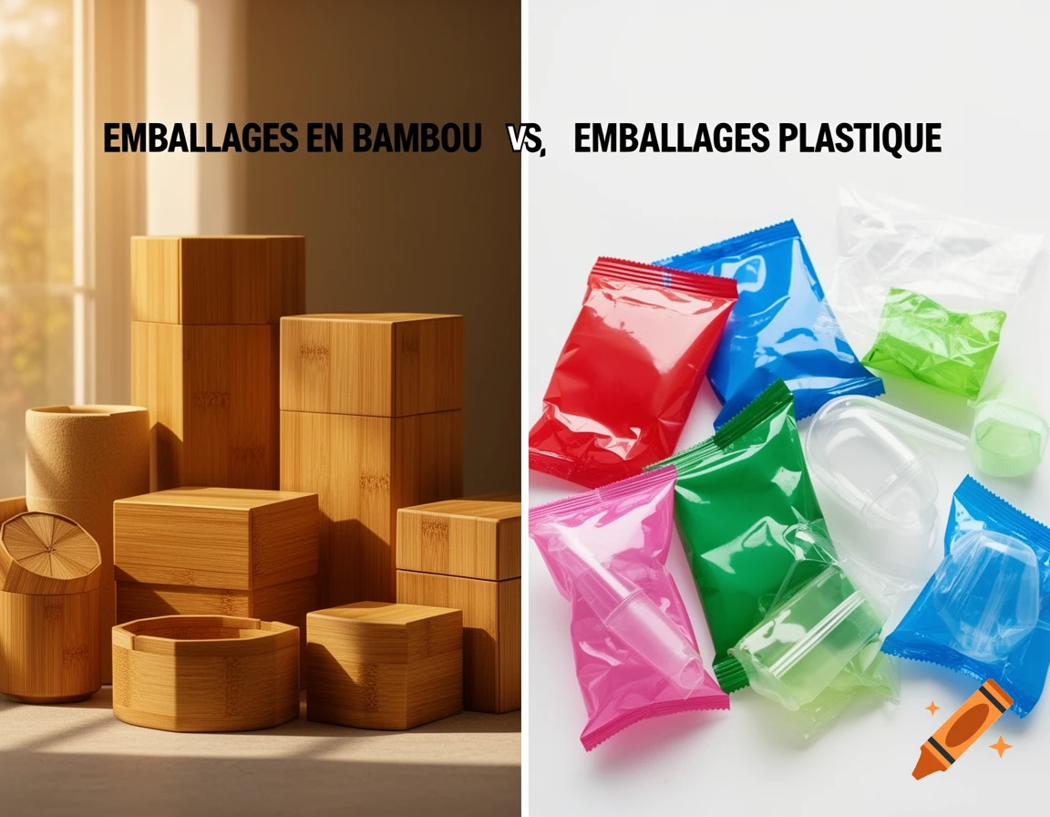 Split image comparing bamboo packaging, including boxes and cylinders, with colorful plastic pouches and containers.