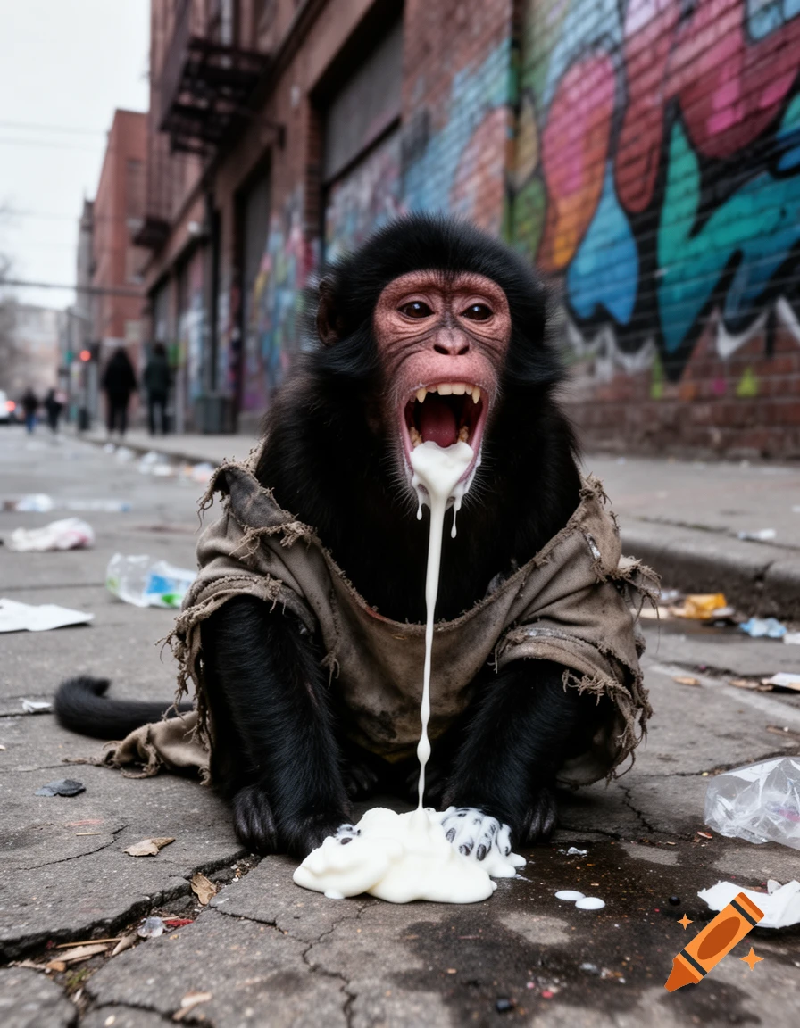 A black monkey in ripped clothes screams as white vanilla ice cream drips from its mouth onto a dirty urban street with graffiti.