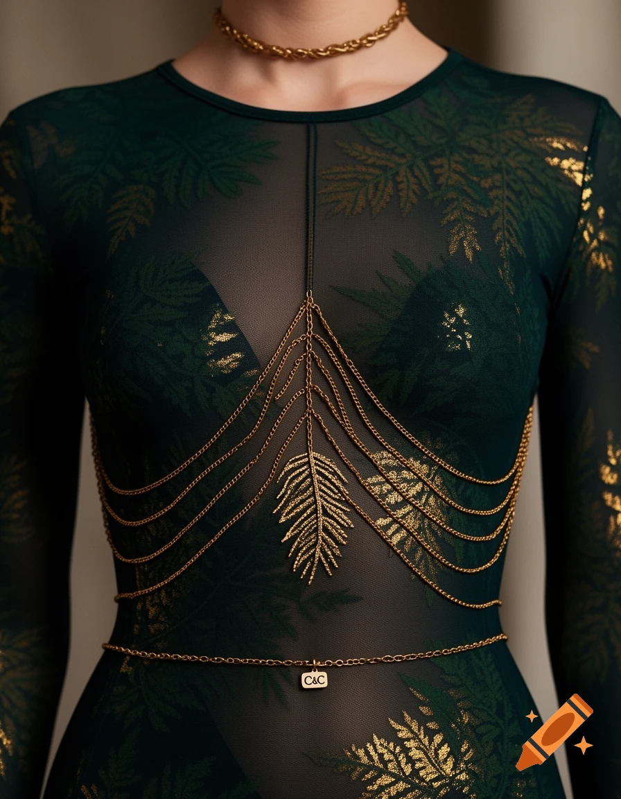 Close-up of a person wearing a sheer dark green long-sleeved top with gold fern leaf patterns, adorned with a gold choker, intricate chest chains, and a waist chain with a 'C&C' pendant.