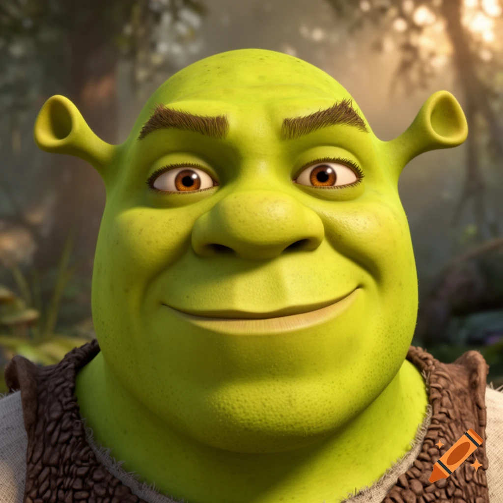 Close-up of Shrek's smiling green face, with pointed ears and brown eyes, against a blurred forest background.