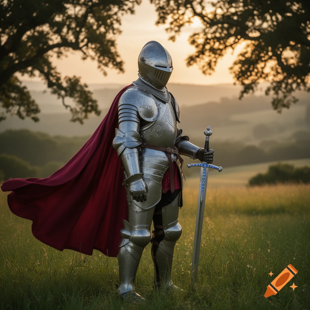 A photorealistic image of a knight in shining armor with a red cape, standing in a grassy field at sunset, holding a sword.